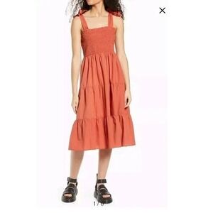 ONLY Brand Nordstrom Maggie XS Tie Strap Cotton Poplin Tiered Shirred Midi Dress